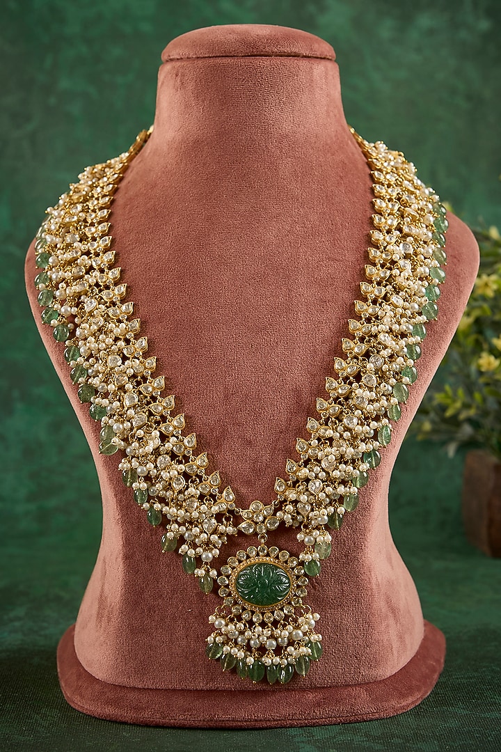 Gold Plated Kundan Polki & Green Drop Necklace In Sterling Silver by Kaari at Pernia's Pop Up Shop