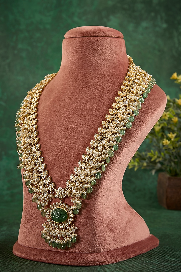 Gold Plated Kundan Polki & Green Drop Necklace In Sterling Silver by Kaari at Pernia's Pop Up Shop