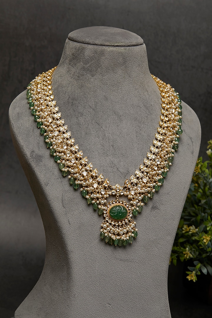 Gold Plated Kundan Polki & Green Drop Necklace In Sterling Silver by Kaari at Pernia's Pop Up Shop