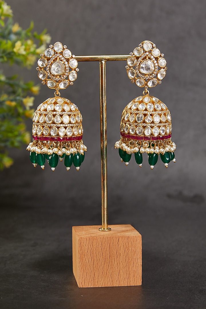 Gold Plated Kundan Polki & Emerald Stone Jhumka Earrings In Sterling Silver by Kaari at Pernia's Pop Up Shop