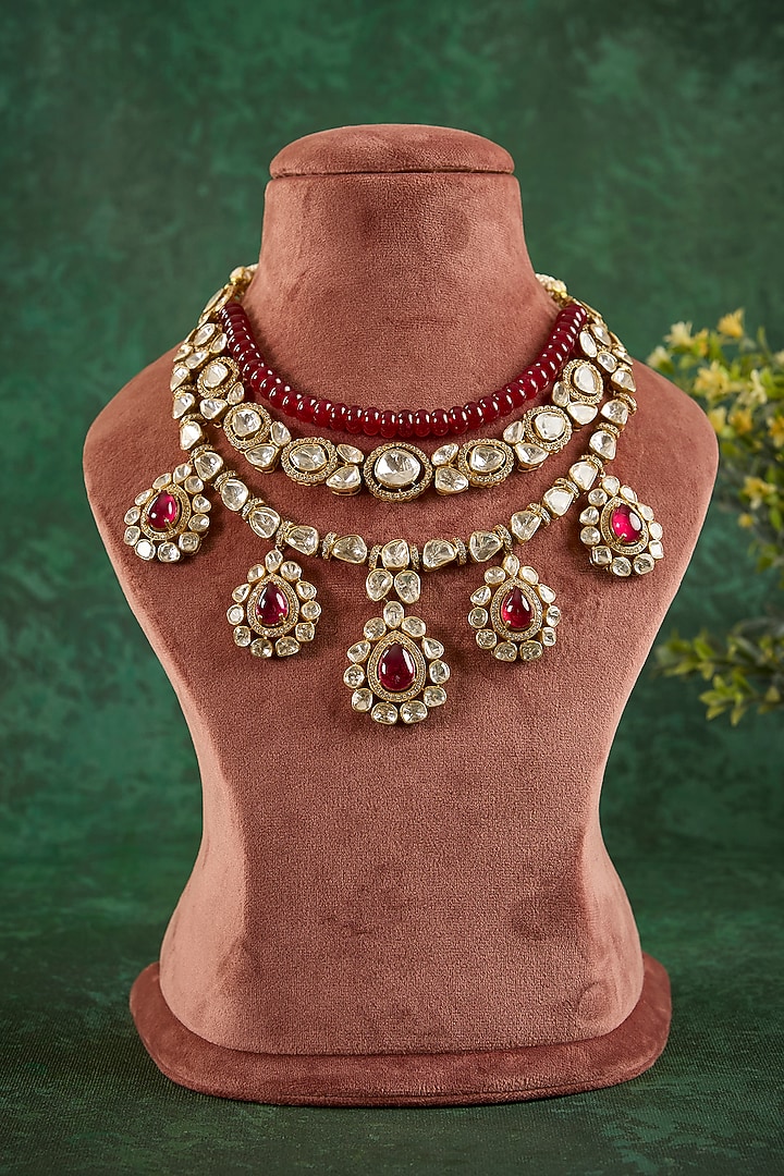 Gold Plated Kundan Polki & Green Beaded Layered Necklace In Sterling Silver by Kaari at Pernia's Pop Up Shop