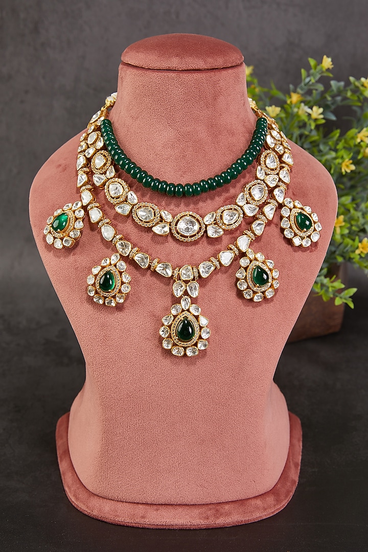 Gold Plated Kundan Polki & Green Beaded Layered Necklace In Sterling Silver by Kaari at Pernia's Pop Up Shop