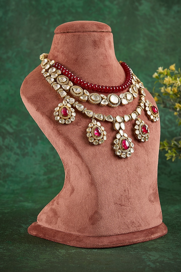 Gold Plated Kundan Polki & Green Beaded Layered Necklace In Sterling Silver by Kaari at Pernia's Pop Up Shop