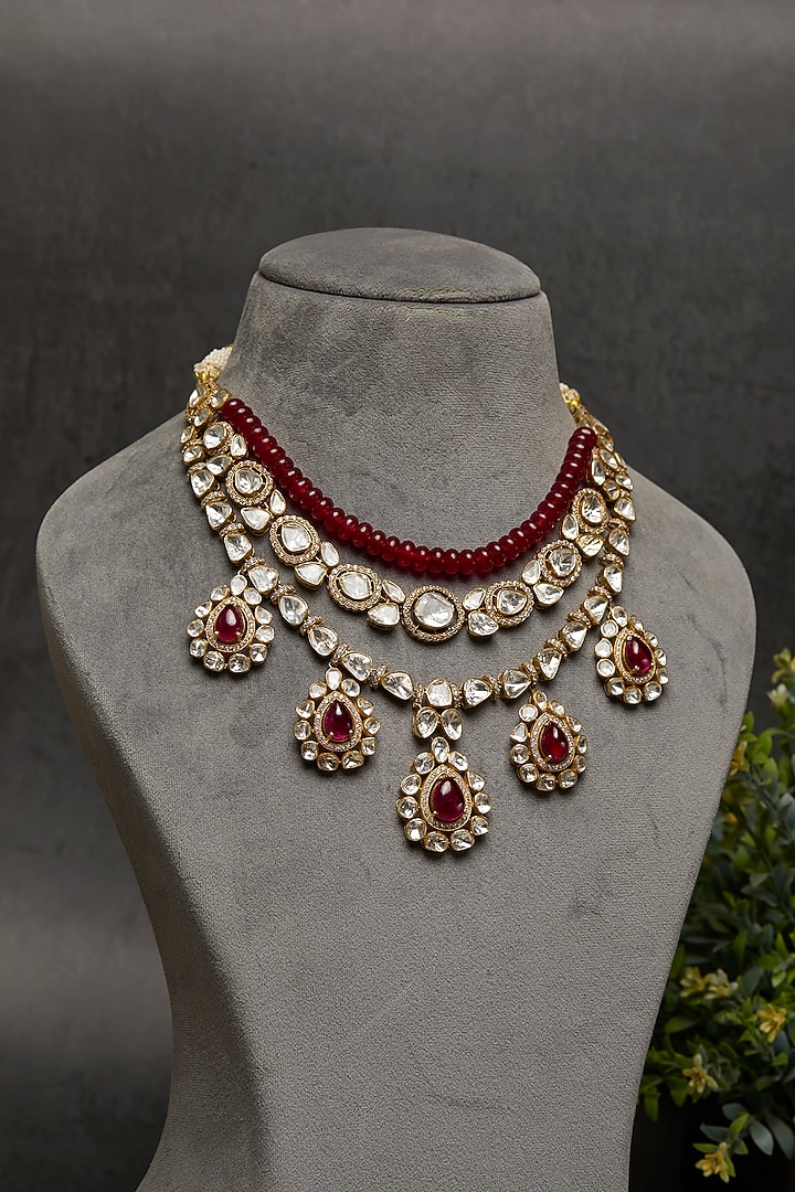 Gold Plated Kundan Polki & Green Beaded Layered Necklace In Sterling Silver by Kaari at Pernia's Pop Up Shop