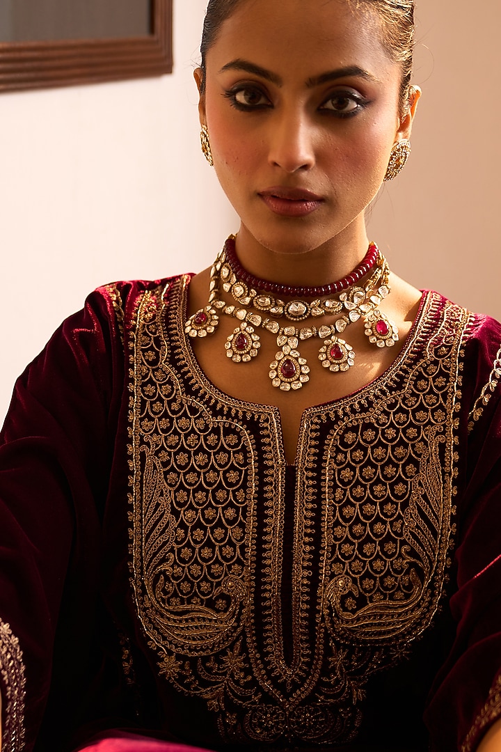 Gold Plated Kundan Polki & Green Beaded Layered Necklace In Sterling Silver by Kaari at Pernia's Pop Up Shop