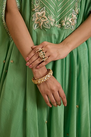 Gold Plated Kundan Polki & Ruby Stone Kada In Sterling Silver by Kaari