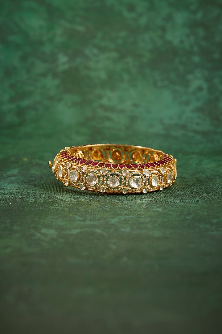 Gold Plated Kundan Polki & Ruby Stone Kada In Sterling Silver by Kaari at Pernia's Pop Up Shop