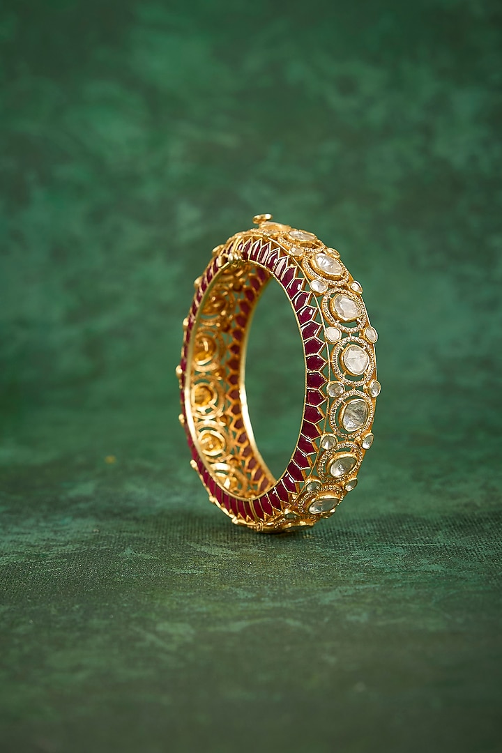 Gold Plated Kundan Polki & Ruby Stone Kada In Sterling Silver by Kaari at Pernia's Pop Up Shop