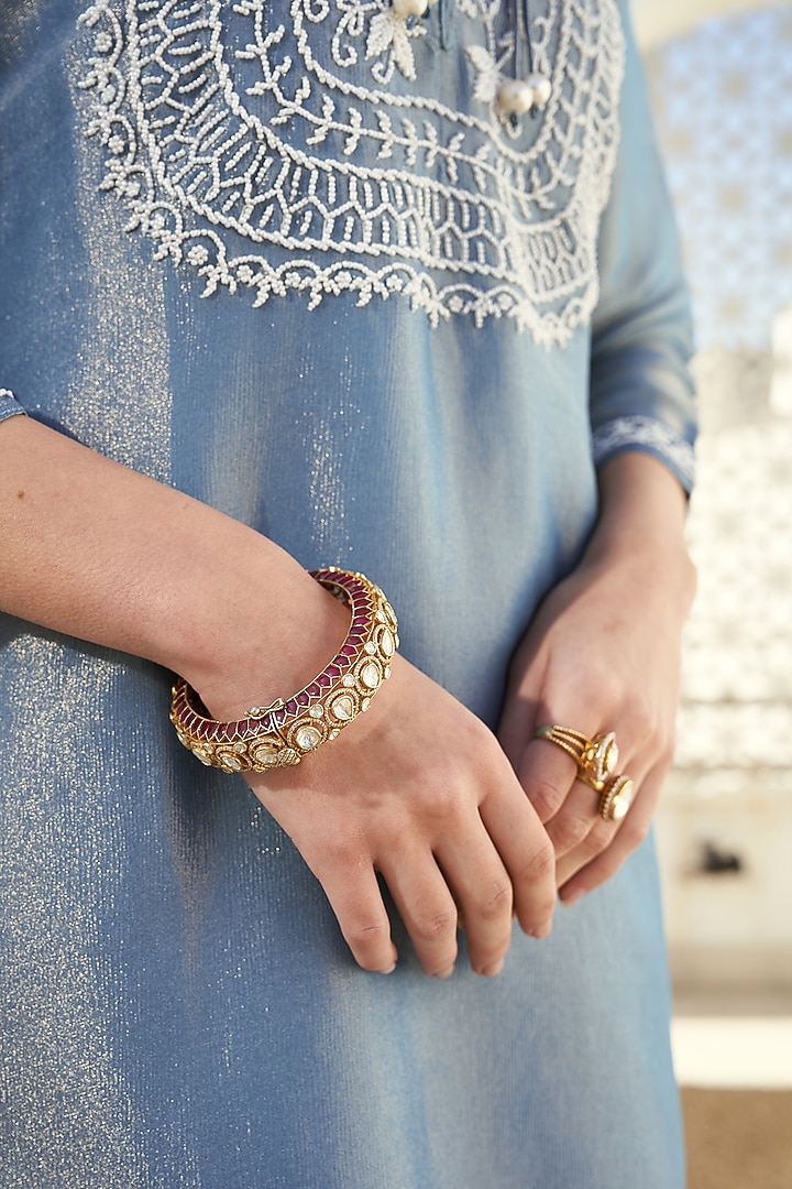 Gold Plated Kundan Polki & Ruby Stone Kada In Sterling Silver by Kaari at Pernia's Pop Up Shop