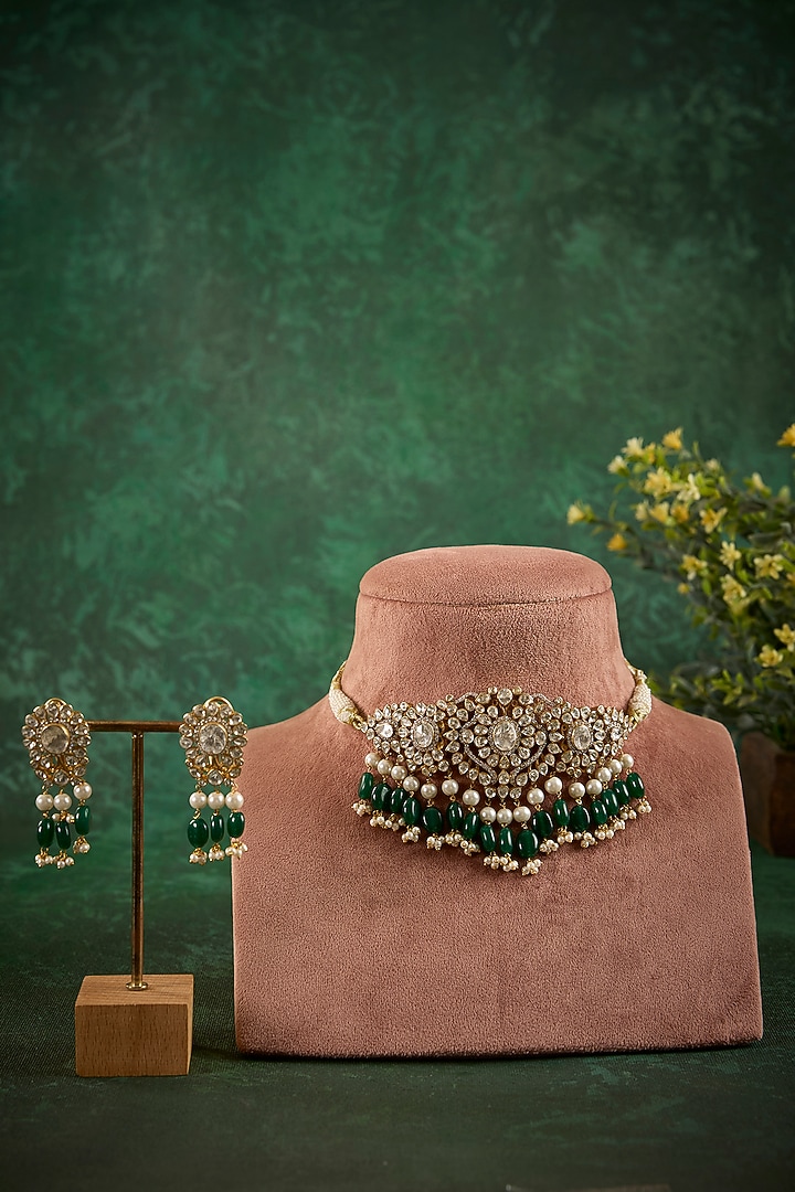 Gold Plated Kundan Polki & Emerald Stone Choker Necklace Set In Sterling Silver by Kaari at Pernia's Pop Up Shop