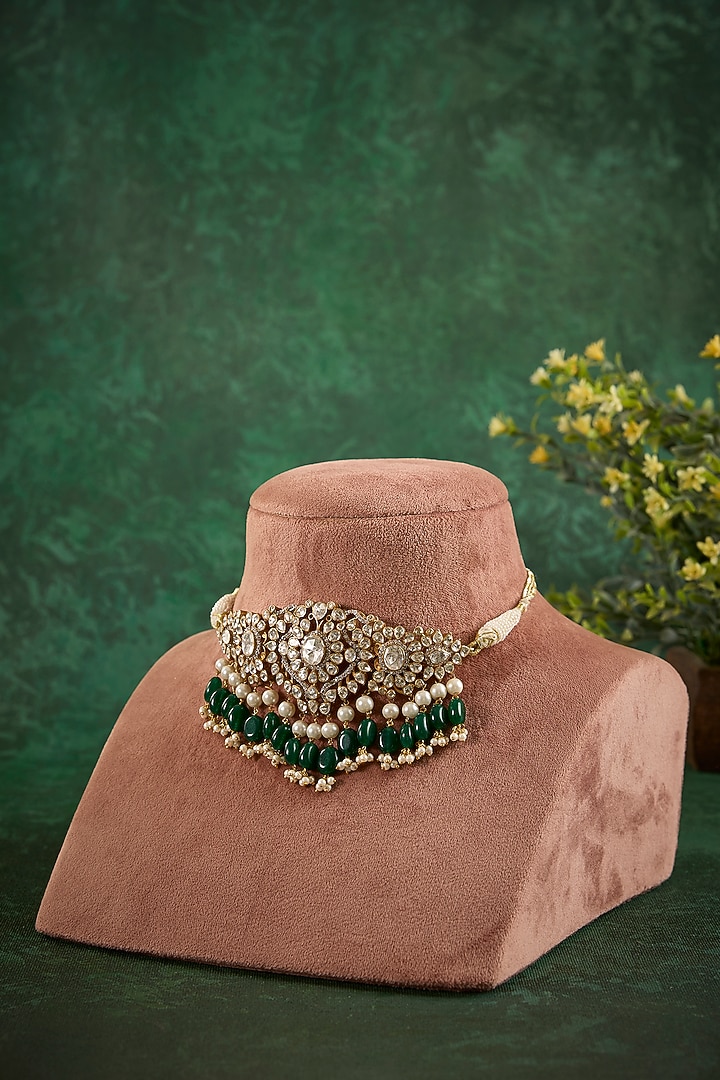 Gold Plated Kundan Polki & Emerald Stone Choker Necklace Set In Sterling Silver by Kaari at Pernia's Pop Up Shop