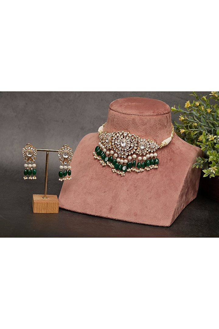 Gold Plated Kundan Polki & Emerald Stone Choker Necklace Set In Sterling Silver by Kaari at Pernia's Pop Up Shop