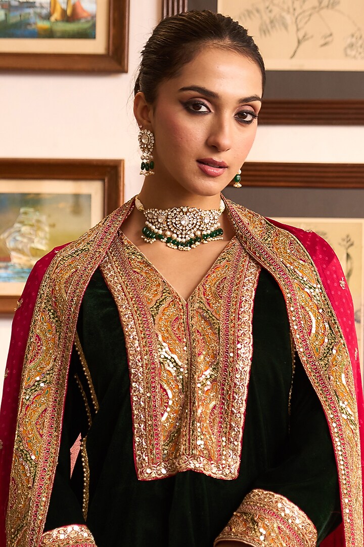 Gold Plated Kundan Polki & Emerald Stone Choker Necklace Set In Sterling Silver by Kaari at Pernia's Pop Up Shop