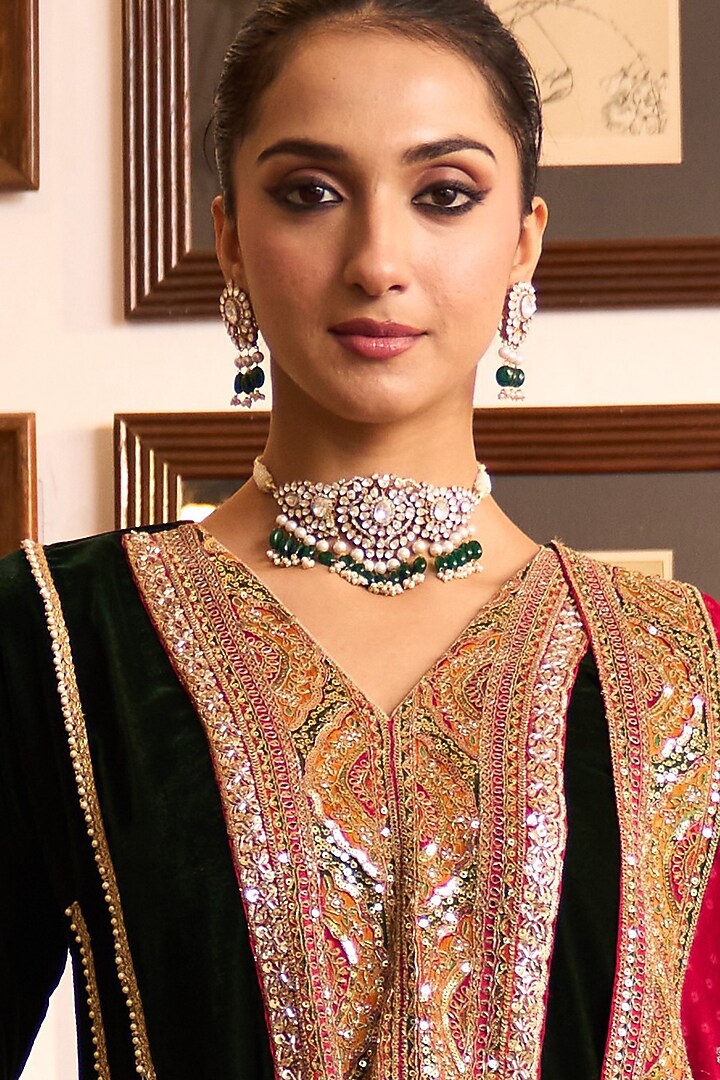 Gold Plated Kundan Polki & Emerald Stone Choker Necklace Set In Sterling Silver by Kaari at Pernia's Pop Up Shop