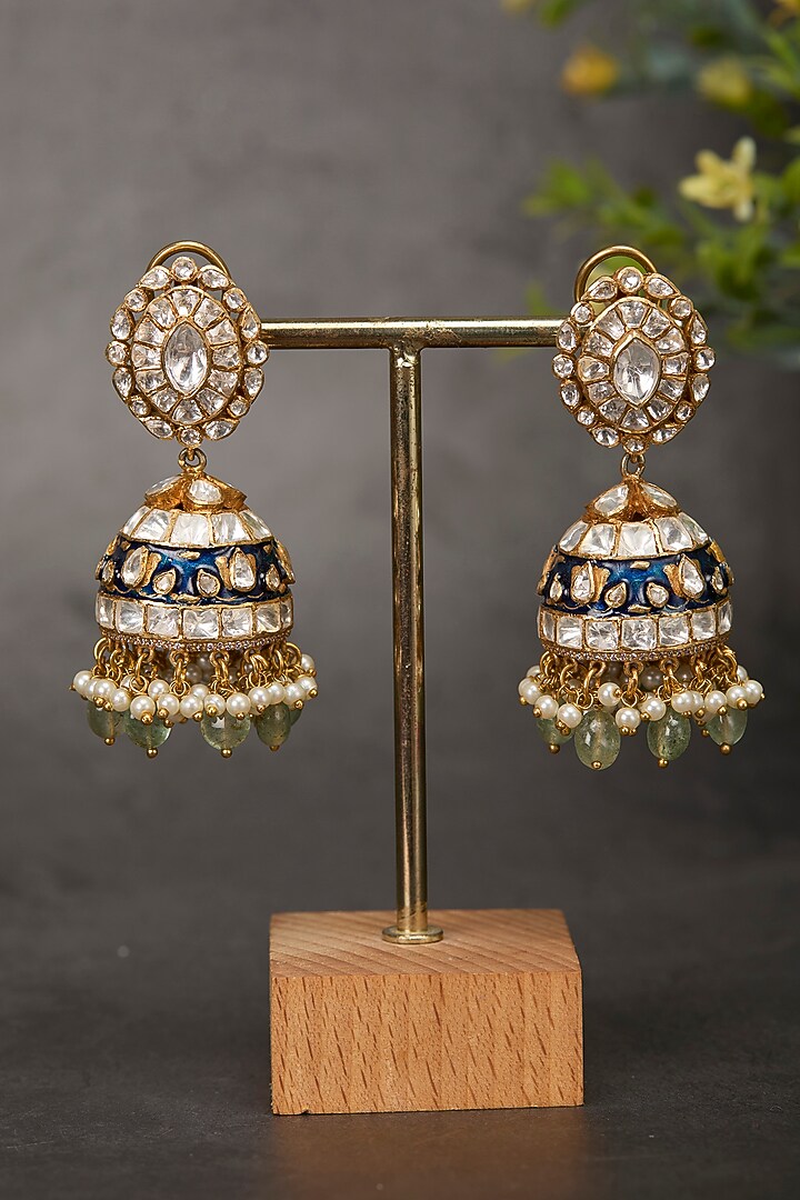 Gold Plated Kundan Polki Enameled Jhumka Earrings In Sterling Silver by Kaari at Pernia's Pop Up Shop