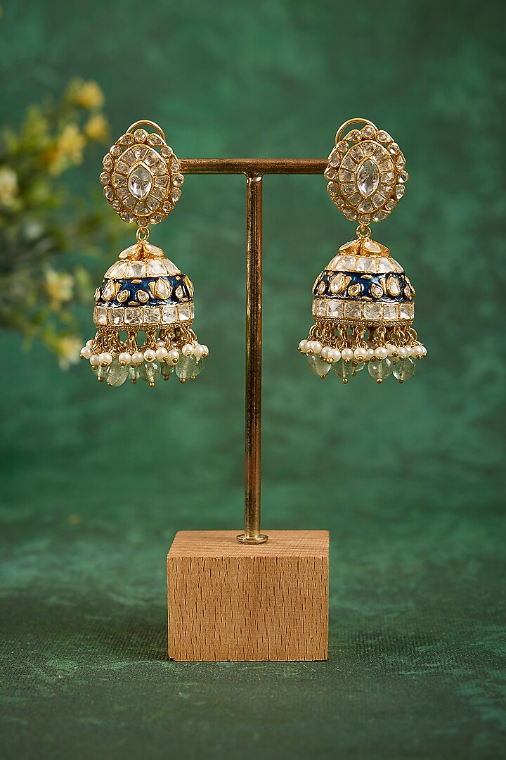 Gold Plated Kundan Polki Enameled Jhumka Earrings In Sterling Silver by Kaari at Pernia's Pop Up Shop