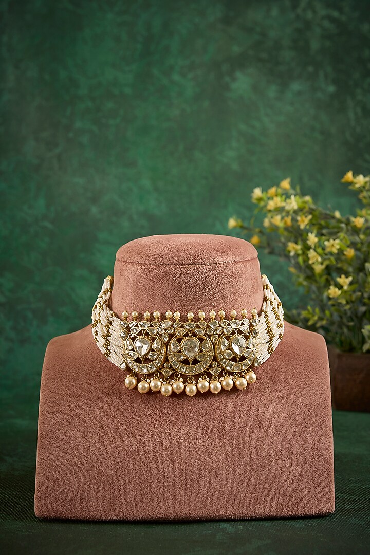 Gold Plated Kundan Polki Choker Necklace In Sterling Silver by Kaari at Pernia's Pop Up Shop
