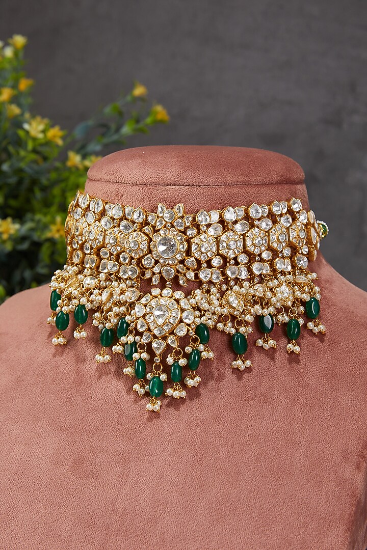 Gold Plated Kundan Polki Layered Choker Necklace In Sterling Silver by Kaari at Pernia's Pop Up Shop