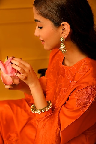 Gold Plated Kundan Polki & Emerald Stone Kada In Sterling Silver by Kaari