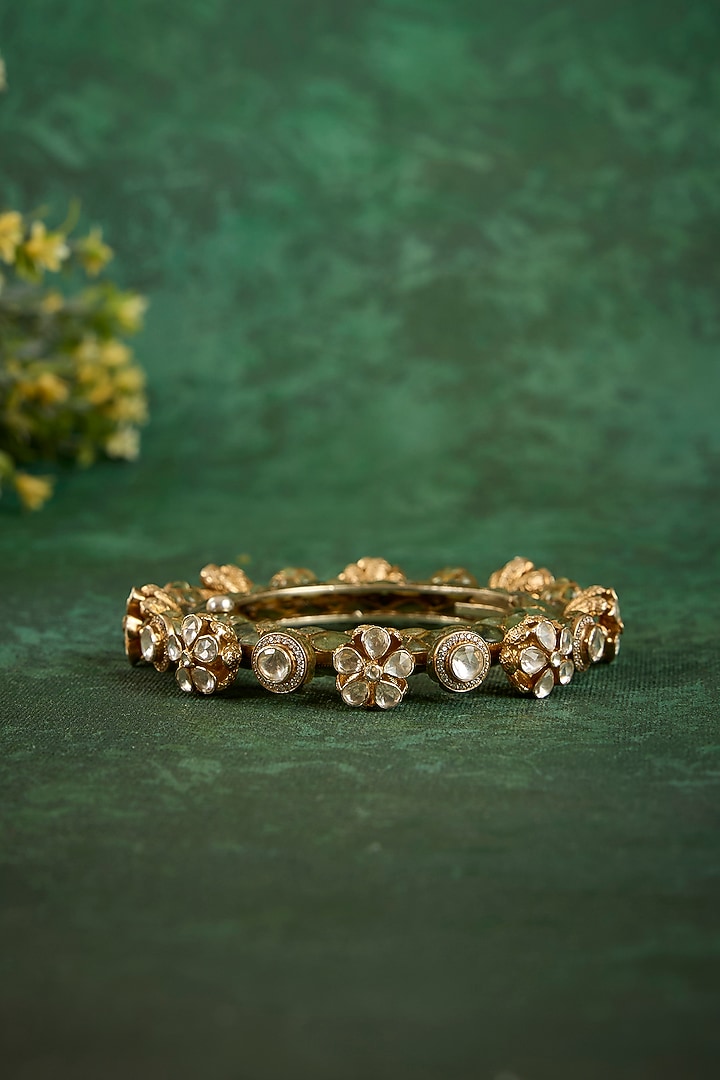 Gold Plated Kundan Polki & Emerald Stone Kada In Sterling Silver by Kaari at Pernia's Pop Up Shop