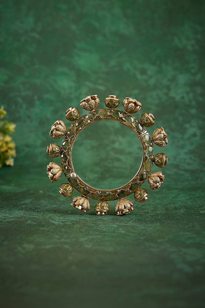 Gold Plated Kundan Polki & Emerald Stone Kada In Sterling Silver by Kaari at Pernia's Pop Up Shop