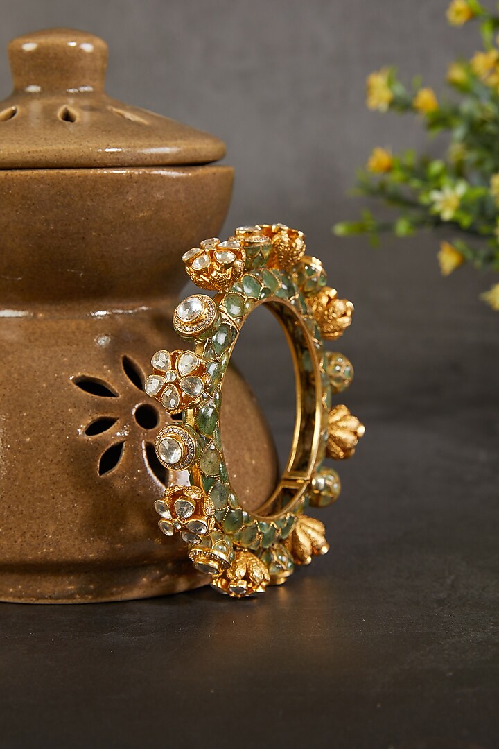 Gold Plated Kundan Polki & Emerald Stone Kada In Sterling Silver by Kaari at Pernia's Pop Up Shop