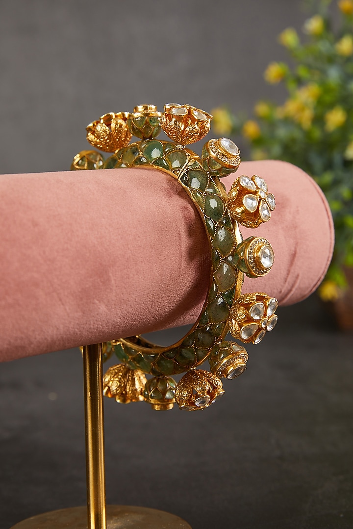 Gold Plated Kundan Polki & Emerald Stone Kada In Sterling Silver by Kaari at Pernia's Pop Up Shop