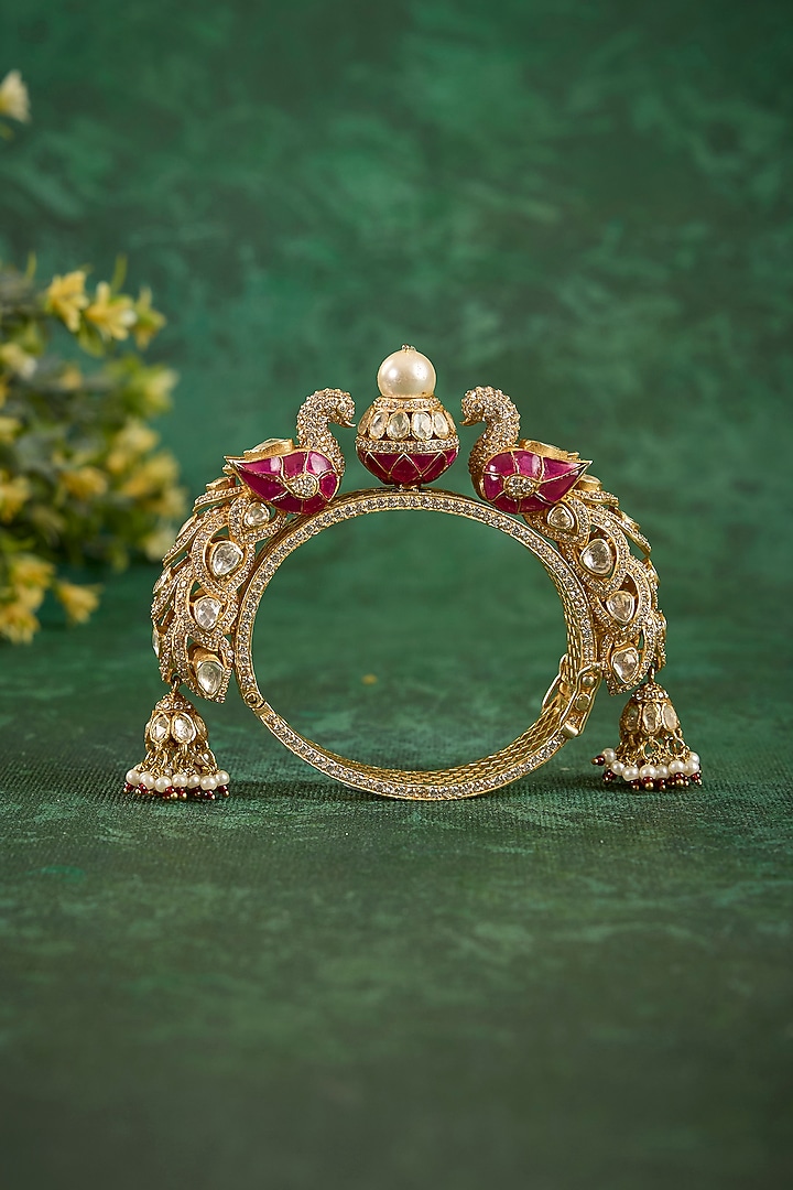 Gold Plated Kundan Polki & Ruby Stone Kada In Sterling Silver by Kaari at Pernia's Pop Up Shop