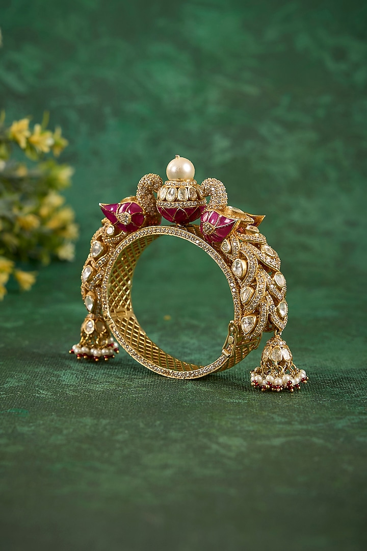 Gold Plated Kundan Polki & Ruby Stone Kada In Sterling Silver by Kaari at Pernia's Pop Up Shop