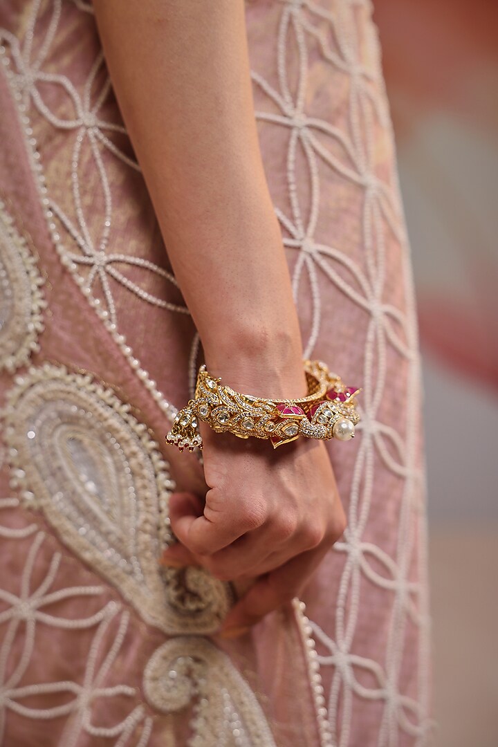 Gold Plated Kundan Polki & Ruby Stone Kada In Sterling Silver by Kaari at Pernia's Pop Up Shop