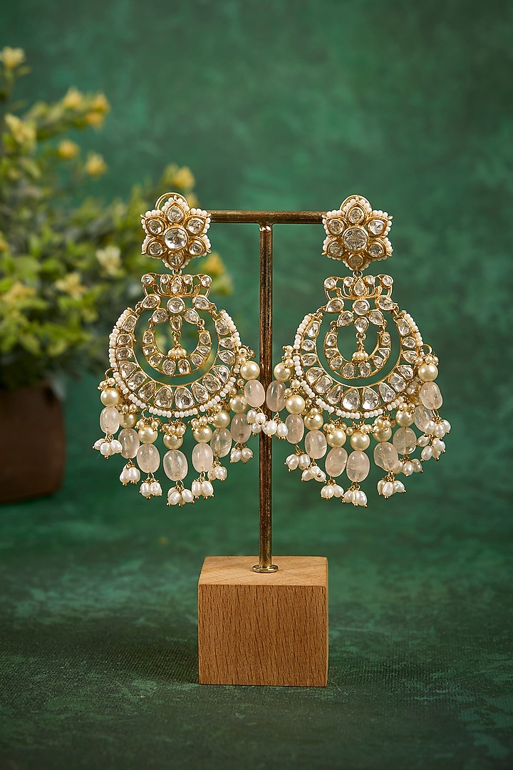 Gold Plated Kundan Polki & Rose Quartz Chandbali Earrings In Sterling Silver by Kaari at Pernia's Pop Up Shop