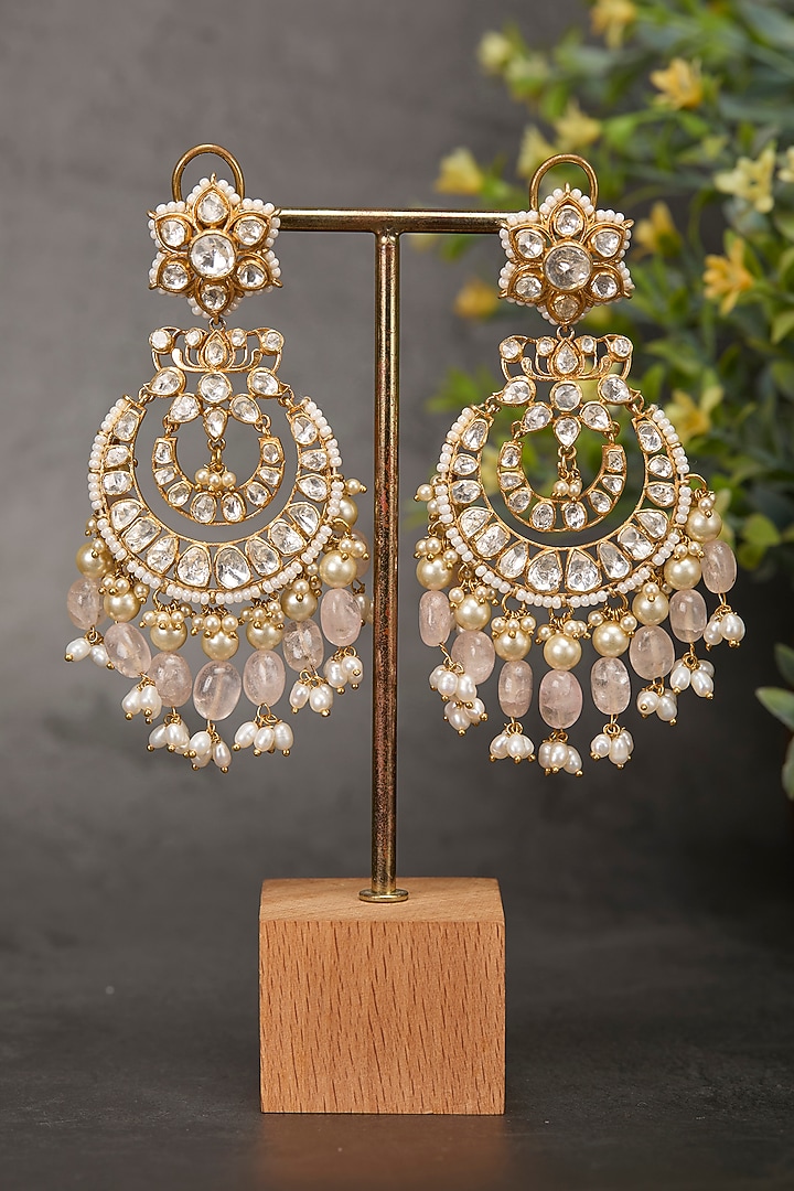 Gold Plated Kundan Polki & Rose Quartz Chandbali Earrings In Sterling Silver by Kaari at Pernia's Pop Up Shop