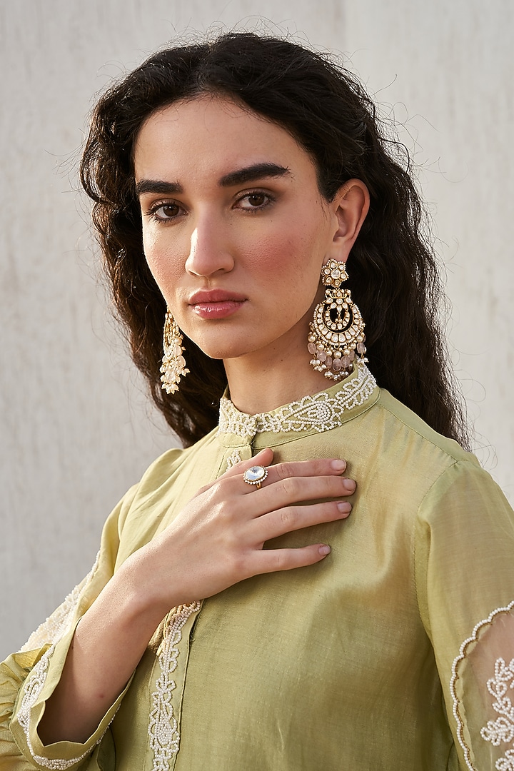 Gold Plated Kundan Polki & Rose Quartz Chandbali Earrings In Sterling Silver by Kaari at Pernia's Pop Up Shop