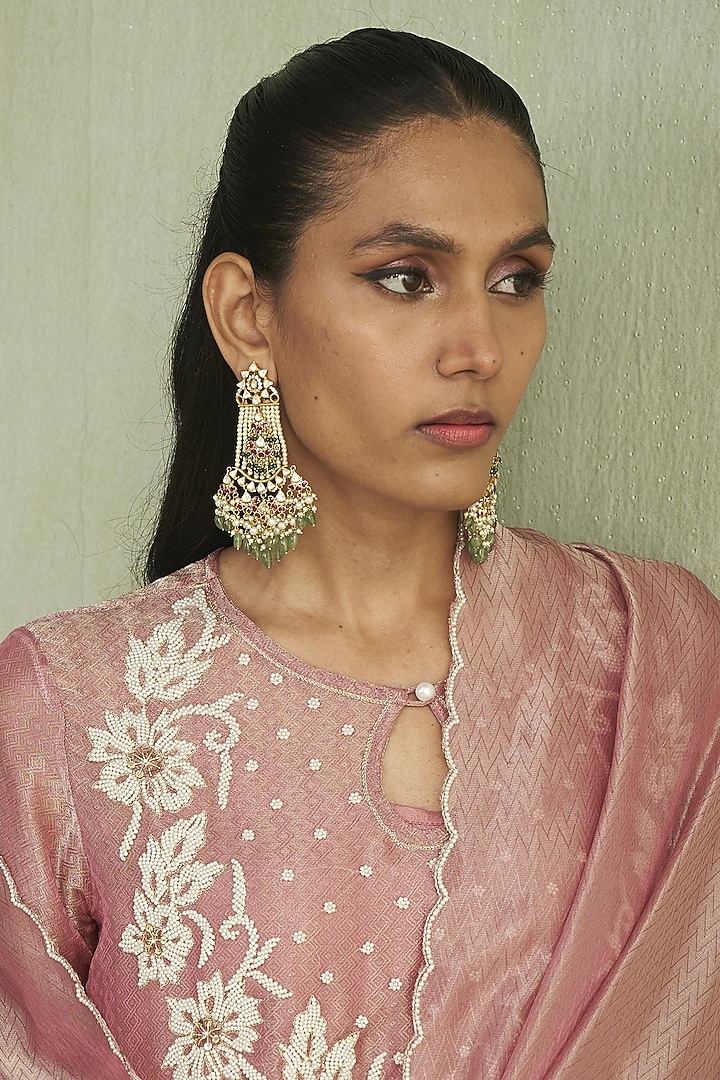 Gold Plated Kundan Polki & Ruby Stone Chandbali Earrings In Sterling Silver by Kaari at Pernia's Pop Up Shop