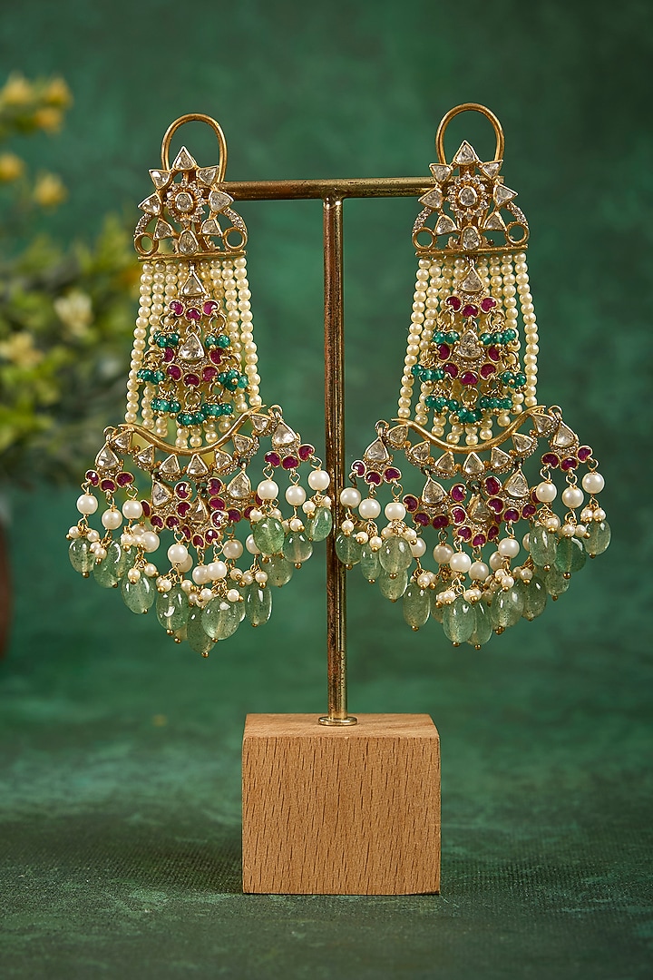 Gold Plated Kundan Polki & Ruby Stone Chandbali Earrings In Sterling Silver by Kaari at Pernia's Pop Up Shop