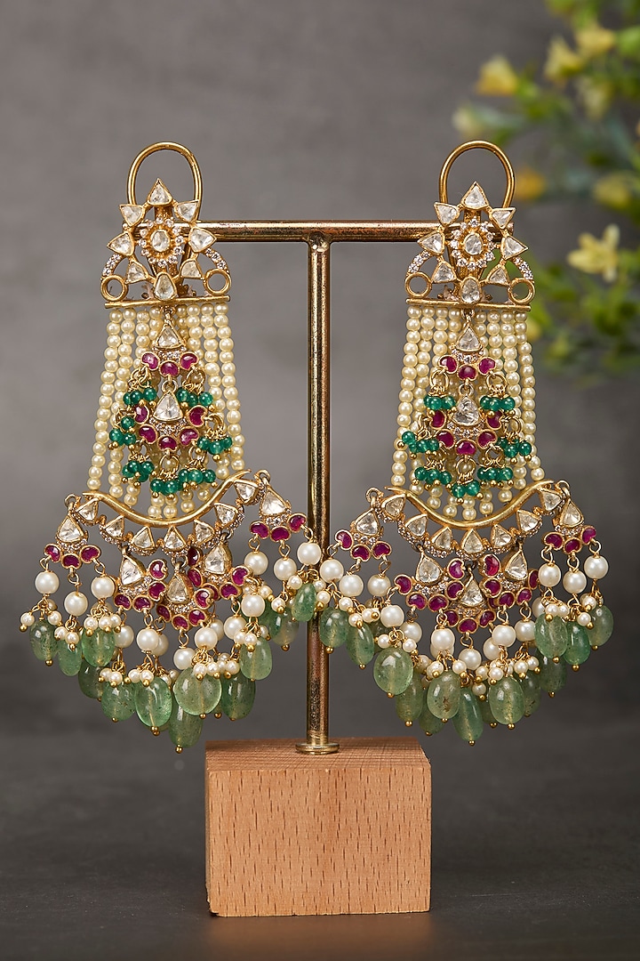 Gold Plated Kundan Polki & Ruby Stone Chandbali Earrings In Sterling Silver by Kaari at Pernia's Pop Up Shop