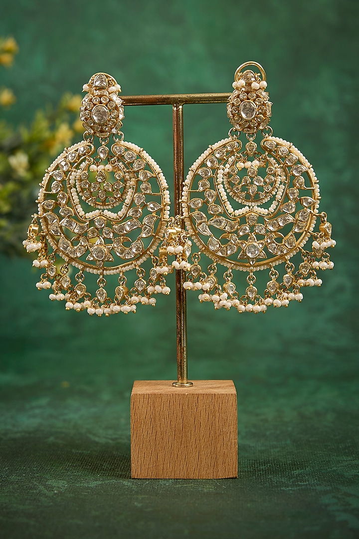 Gold Plated Kundan Polki & CZ Diamond Chandbali Earrings In Sterling Silver by Kaari at Pernia's Pop Up Shop