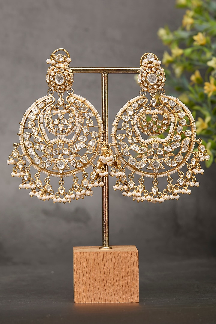 Gold Plated Kundan Polki & CZ Diamond Chandbali Earrings In Sterling Silver by Kaari at Pernia's Pop Up Shop