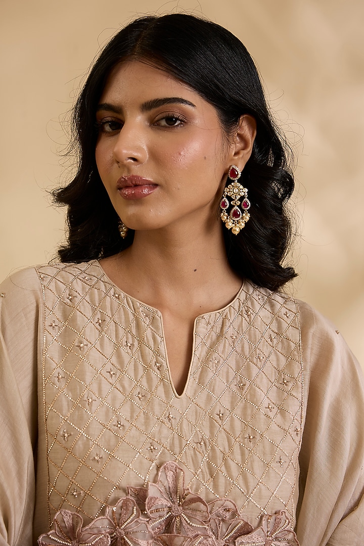 Gold Plated Kundan Polki & Ruby Stone Dangler Earrings In Sterling Silver by Kaari at Pernia's Pop Up Shop
