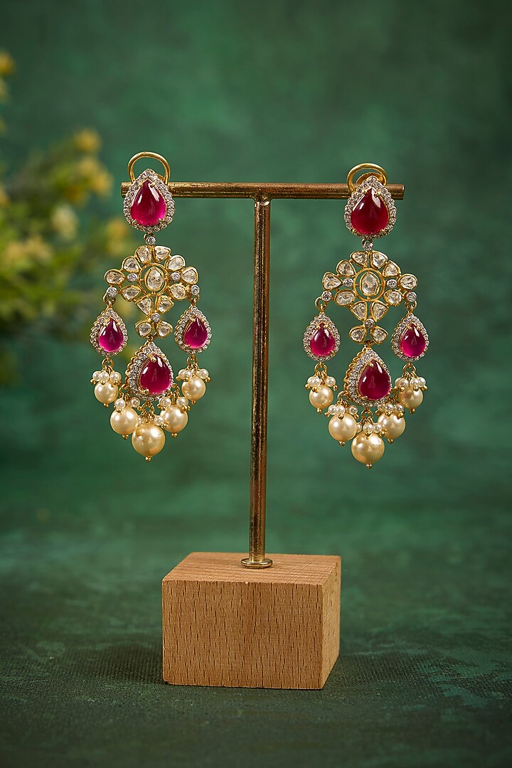 Gold Plated Kundan Polki & Ruby Stone Dangler Earrings In Sterling Silver by Kaari at Pernia's Pop Up Shop