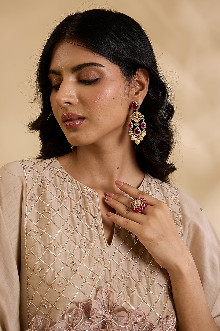 Gold Plated Kundan Polki & Ruby Stone Dangler Earrings In Sterling Silver by Kaari at Pernia's Pop Up Shop