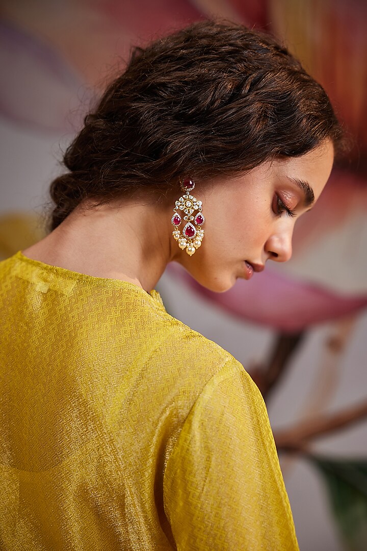 Gold Plated Kundan Polki & Ruby Stone Dangler Earrings In Sterling Silver by Kaari at Pernia's Pop Up Shop