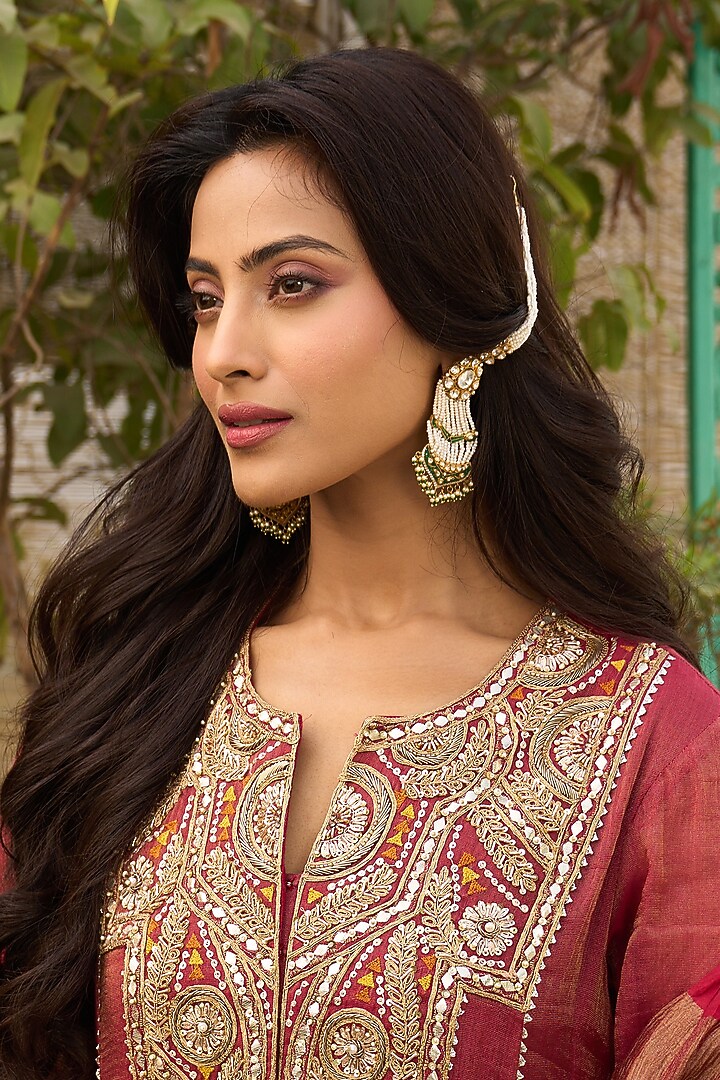 Gold Plated Kundan Polki & Emerald Stone Dangler Earrings In Sterling Silver by Kaari at Pernia's Pop Up Shop