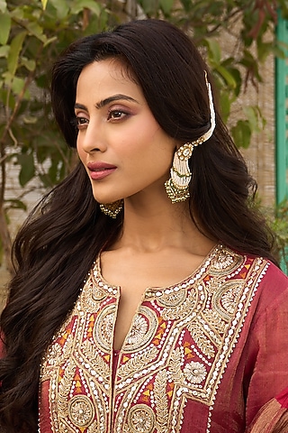 Gold Plated Kundan Polki & Emerald Stone Dangler Earrings In Sterling Silver by Kaari