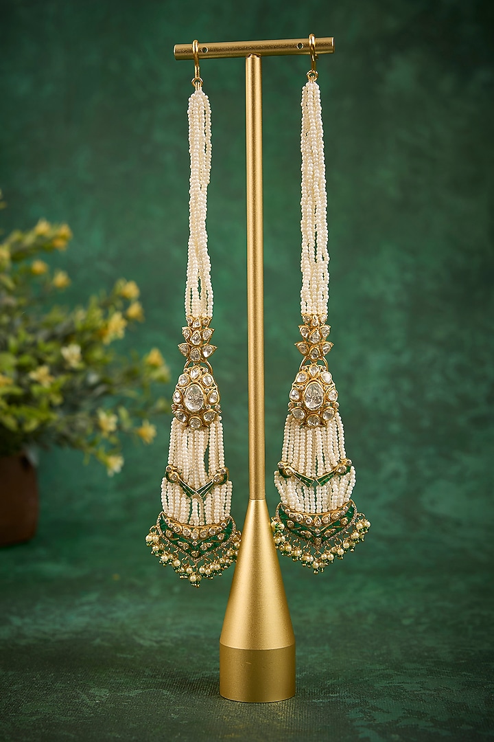 Gold Plated Kundan Polki & Emerald Stone Dangler Earrings In Sterling Silver by Kaari at Pernia's Pop Up Shop