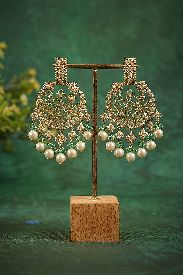 Gold Plated Kundan Polki & Emerald Stone Chandbali Earrings In Sterling Silver by Kaari at Pernia's Pop Up Shop