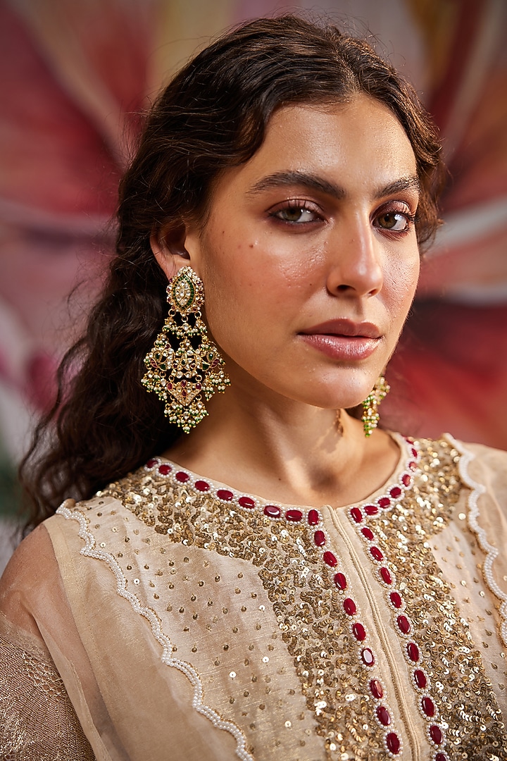 Gold Plated Kundan Polki & Emerald Stone Chandbali Earrings In Sterling Silver by Kaari at Pernia's Pop Up Shop