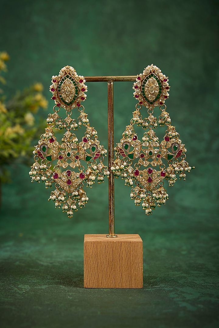 Gold Plated Kundan Polki & Emerald Stone Chandbali Earrings In Sterling Silver by Kaari at Pernia's Pop Up Shop