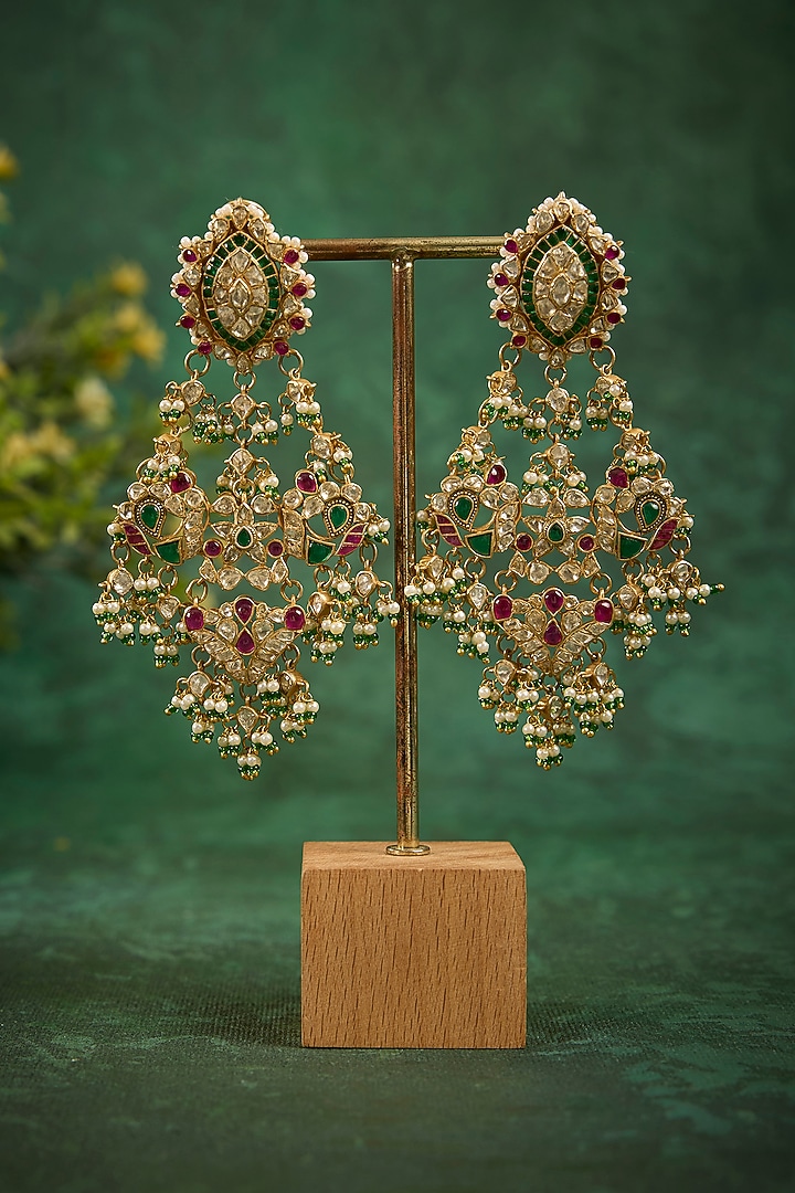 Gold Plated Kundan Polki & Emerald Stone Chandbali Earrings In Sterling Silver by Kaari at Pernia's Pop Up Shop