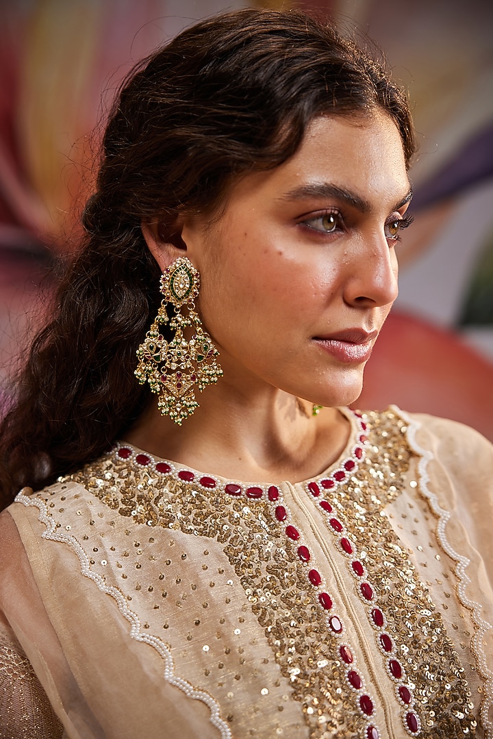 Gold Plated Kundan Polki & Emerald Stone Chandbali Earrings In Sterling Silver by Kaari at Pernia's Pop Up Shop